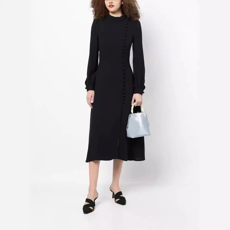 Damen Midikleid im Vintage‑Look mit hochgeschlossenem Kragen, asymmetrischer Zierknopfleiste und Frontschlitz Nord Taschen