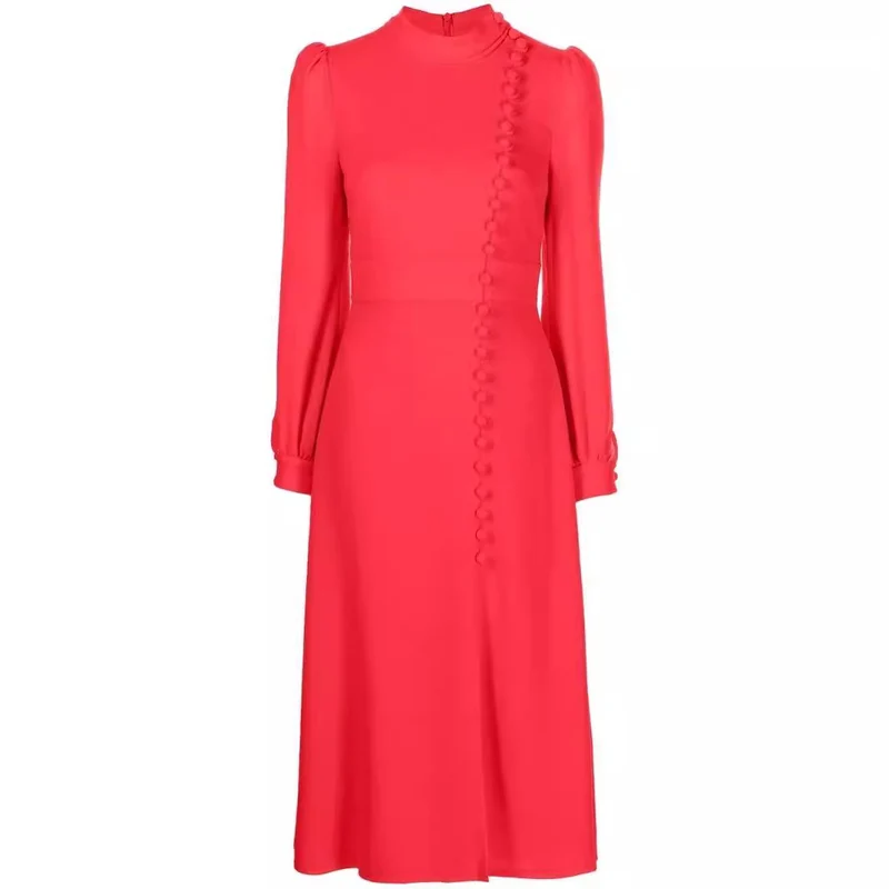 Damen Midikleid im Vintage‑Look mit hochgeschlossenem Kragen, asymmetrischer Zierknopfleiste und Frontschlitz Nord Taschen