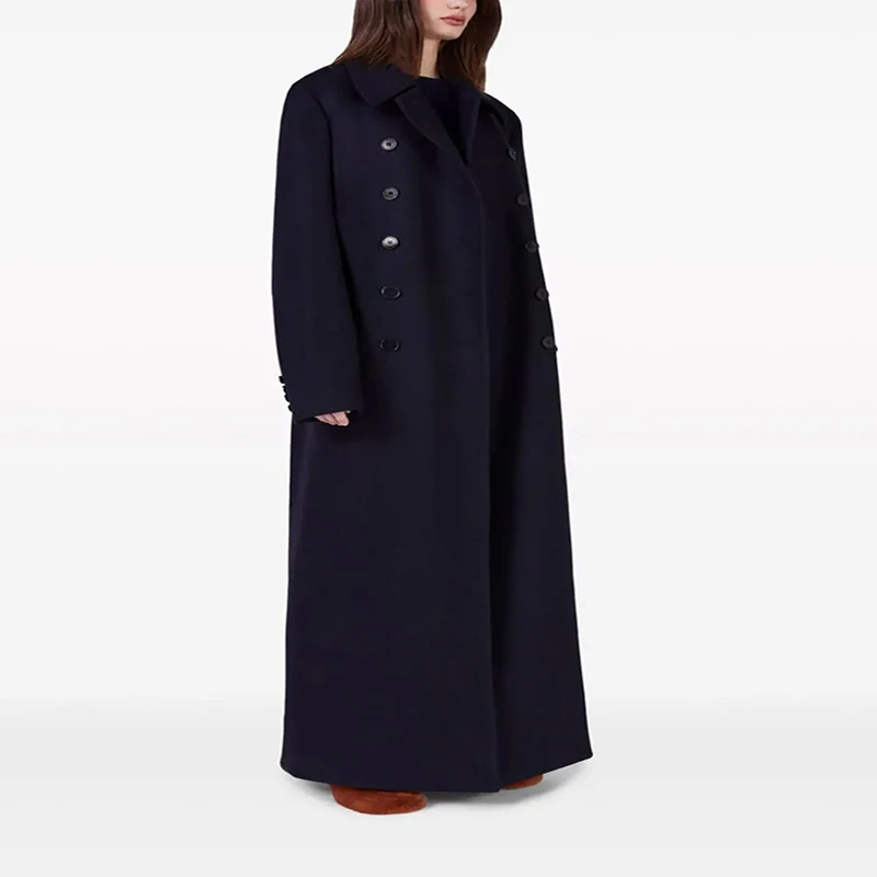 Damen Maximal langer doppelreihiger Wollmantel mit weitem Oversize-Schnitt Nord Taschen