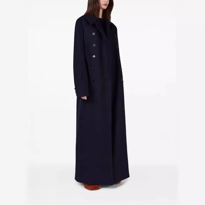 Damen Maximal langer doppelreihiger Wollmantel mit weitem Oversize-Schnitt Nord Taschen