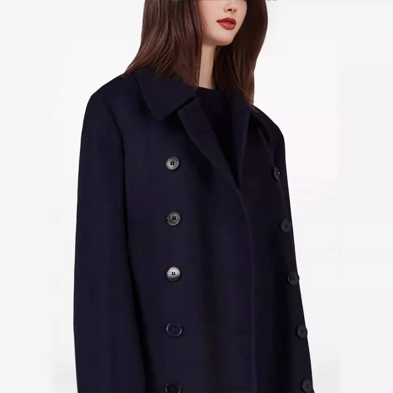 Damen Maximal langer doppelreihiger Wollmantel mit weitem Oversize-Schnitt Nord Taschen