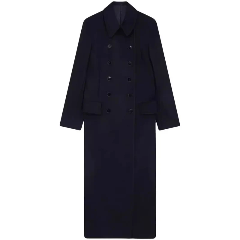 Damen Maximal langer doppelreihiger Wollmantel mit weitem Oversize-Schnitt Nord Taschen