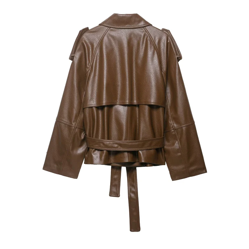 Damen Leder-Trenchcoat mit Bindegürtel, Schulterklappen und oversized Kragen Nord Taschen