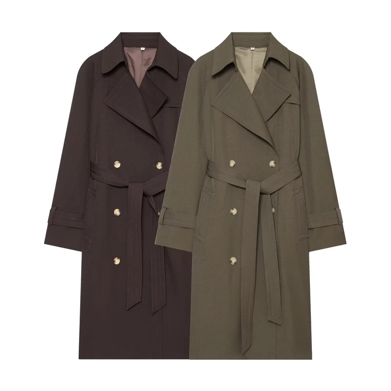 Damen langer zweireihiger Trenchcoat mit Bindegürtel und Raglanärmeln Nord Taschen