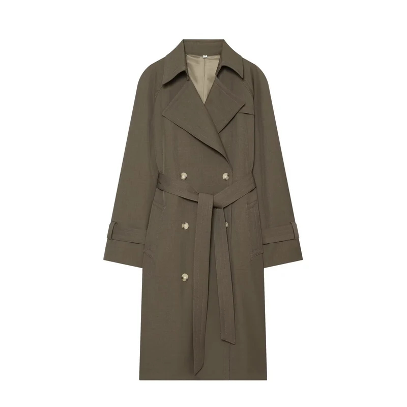 Damen langer zweireihiger Trenchcoat mit Bindegürtel und Raglanärmeln Nord Taschen