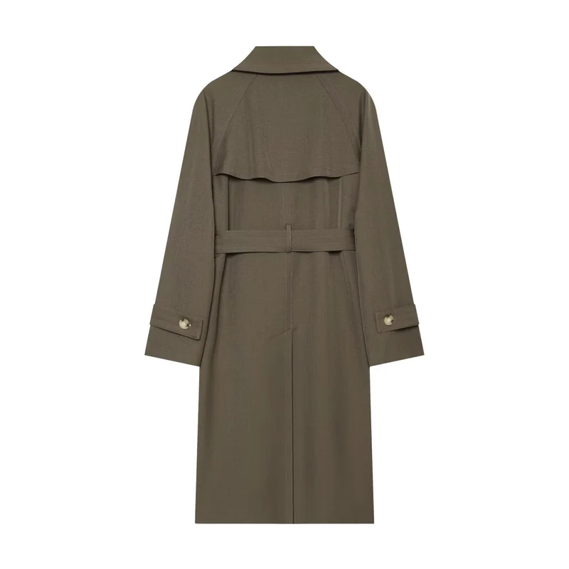 Damen langer zweireihiger Trenchcoat mit Bindegürtel und Raglanärmeln Nord Taschen