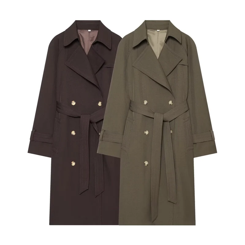 Damen langer zweireihiger Trenchcoat mit Bindegürtel und Raglanärmeln Nord Taschen