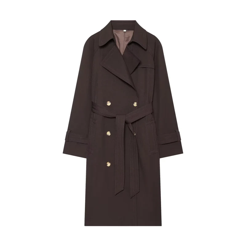 Damen langer zweireihiger Trenchcoat mit Bindegürtel und Raglanärmeln Nord Taschen