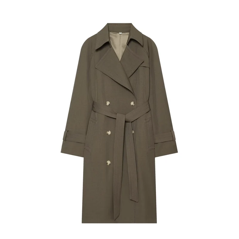 Damen langer zweireihiger Trenchcoat mit Bindegürtel und Raglanärmeln Nord Taschen