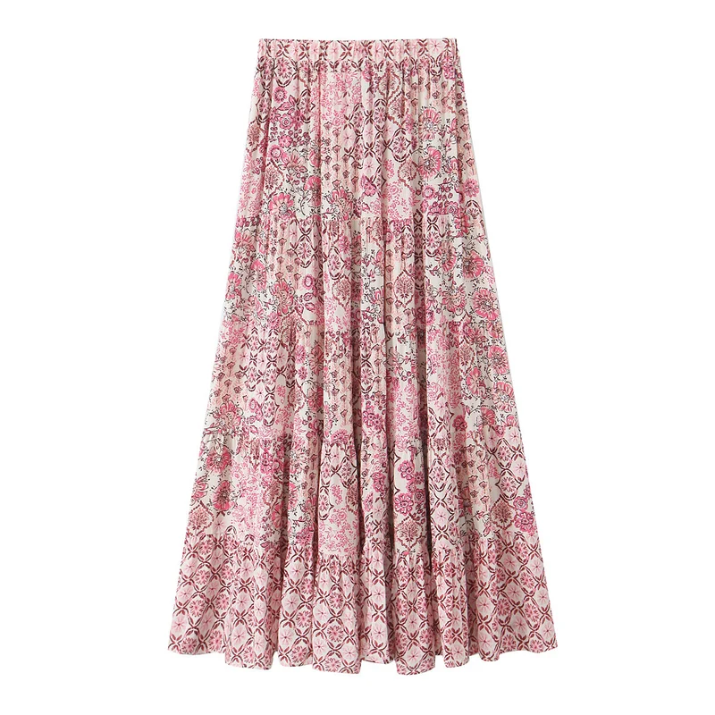 Damen Langer Stufenrock mit floralem Alloverprint, elastischem Bund und Volantbahnen Nord Taschen