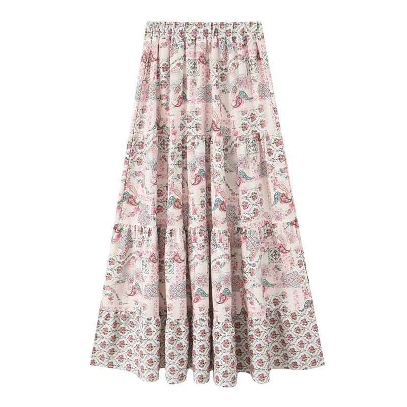 Damen Langer Stufenrock mit floralem Alloverprint, elastischem Bund und Volantbahnen Nord Taschen