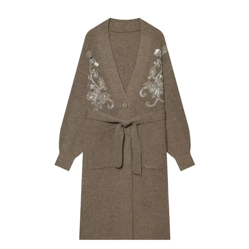 Damen langer Strickcardigan mit Taillengürtel und Paillettenstickerei Nord Taschen