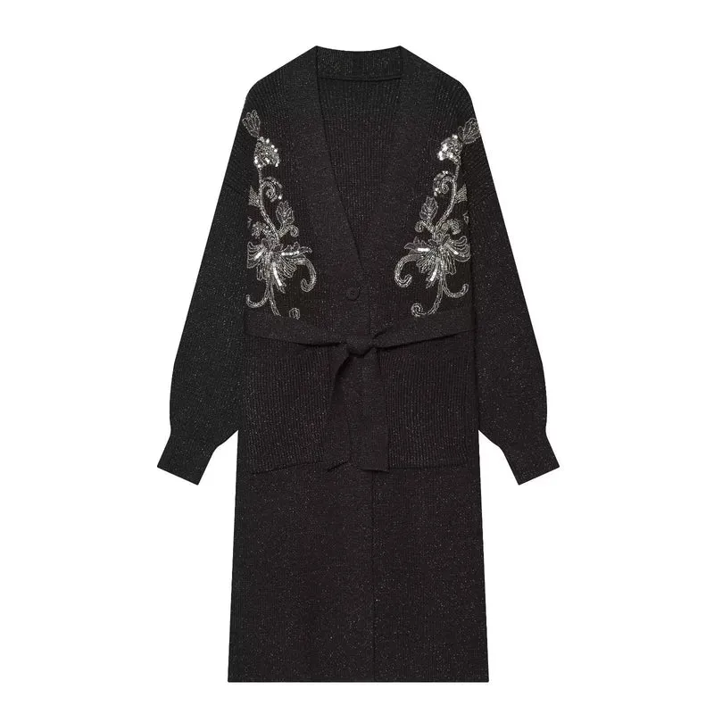 Damen langer Strickcardigan mit Taillengürtel und Paillettenstickerei Nord Taschen