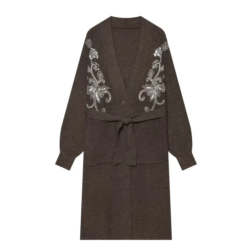 Damen langer Strickcardigan mit Taillengürtel und Paillettenstickerei Nord Taschen