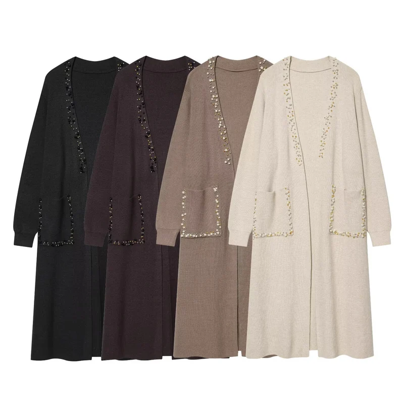 Damen langer Strickcardigan mit Perlenbesatz und aufgesetzten Taschen Nord Taschen