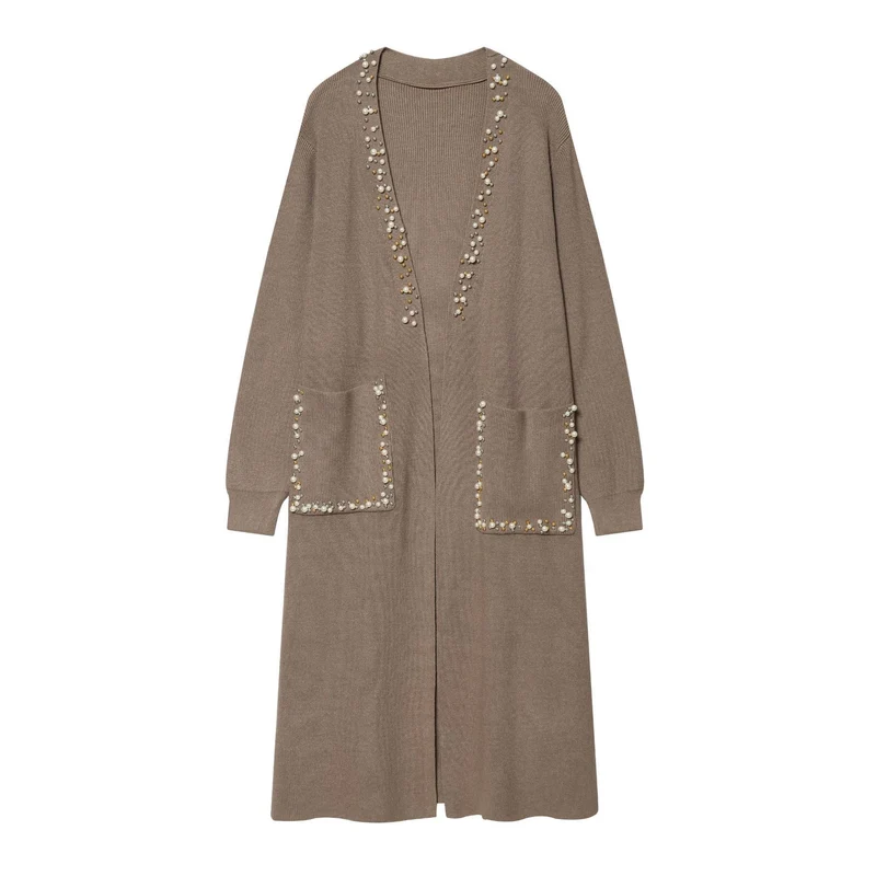 Damen langer Strickcardigan mit Perlenbesatz und aufgesetzten Taschen Nord Taschen