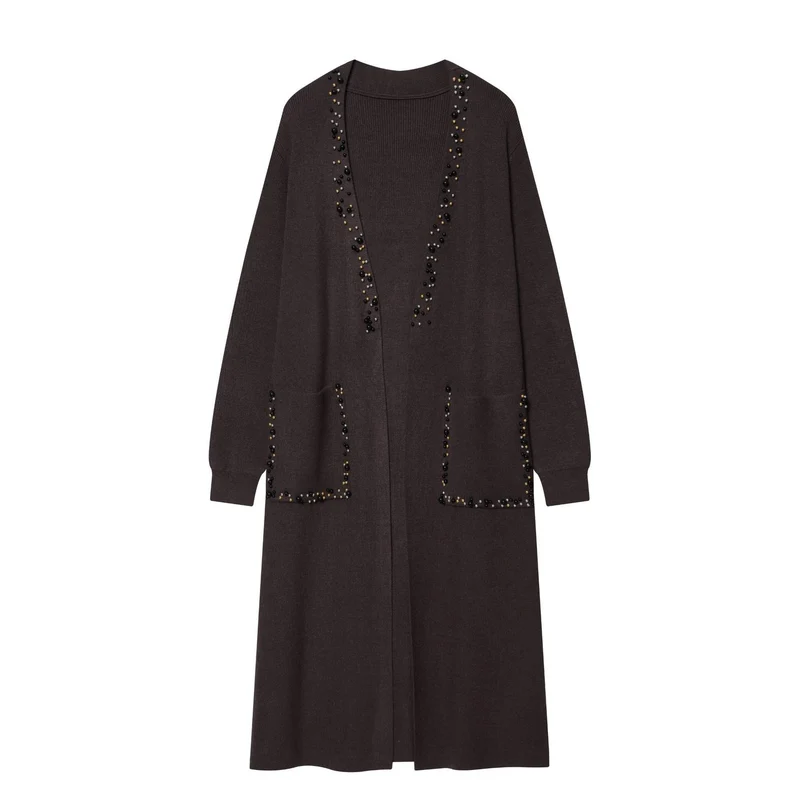 Damen langer Strickcardigan mit Perlenbesatz und aufgesetzten Taschen Nord Taschen