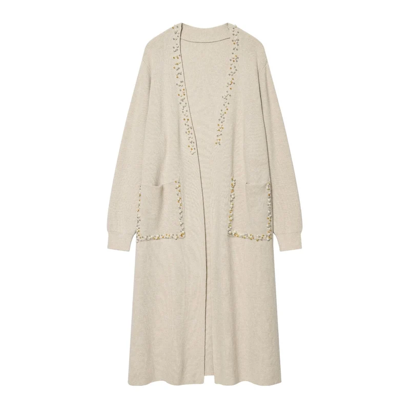Damen langer Strickcardigan mit Perlenbesatz und aufgesetzten Taschen Nord Taschen
