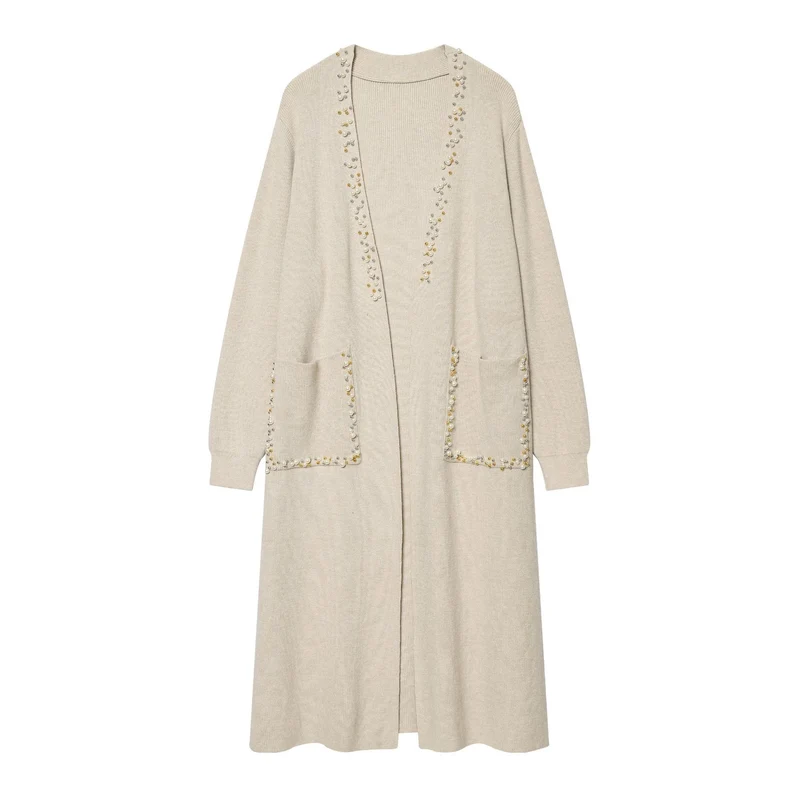 Damen langer Strickcardigan mit Perlenbesatz und aufgesetzten Taschen Nord Taschen