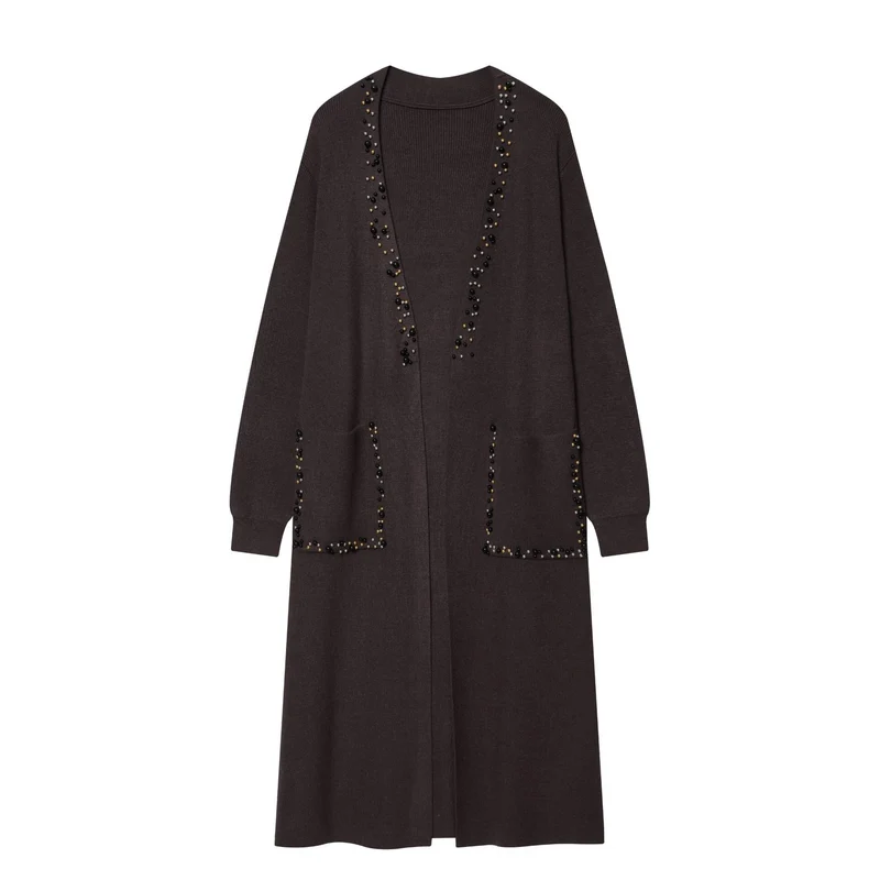 Damen langer Strickcardigan mit Perlenbesatz und aufgesetzten Taschen Nord Taschen