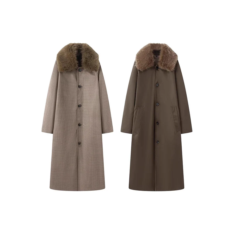 Damen langer Oversize Wollmantel mit abnehmbarem Kunstfellkragen und seitlichen Eingrifftaschen Nord Taschen