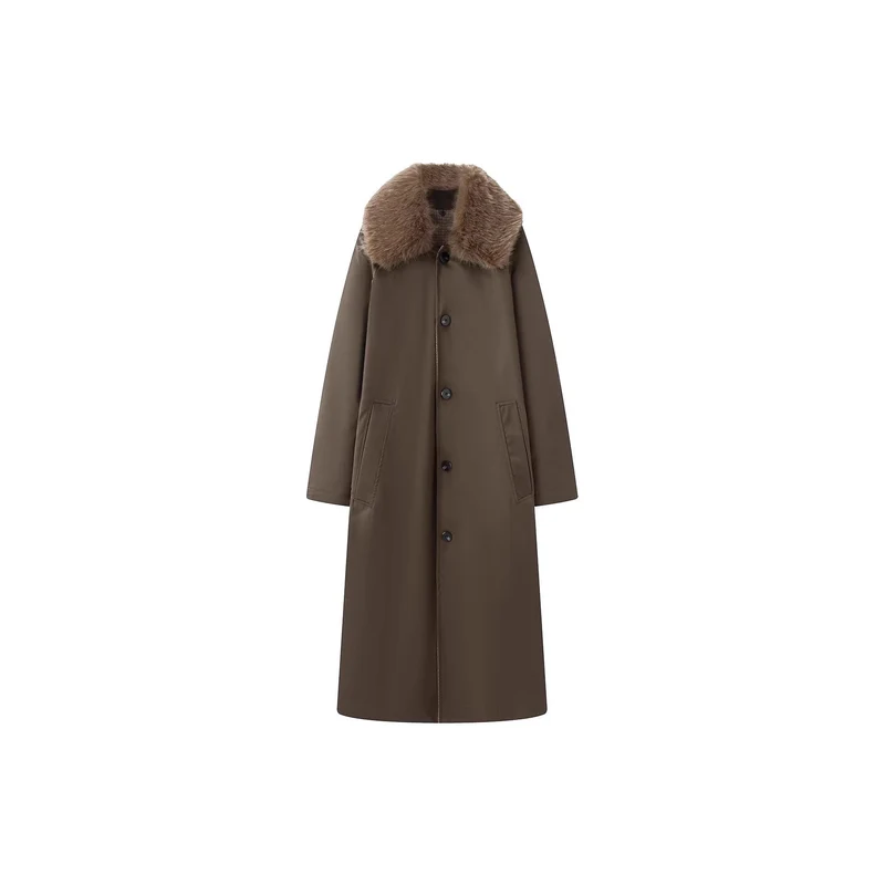 Damen langer Oversize Wollmantel mit abnehmbarem Kunstfellkragen und seitlichen Eingrifftaschen Nord Taschen