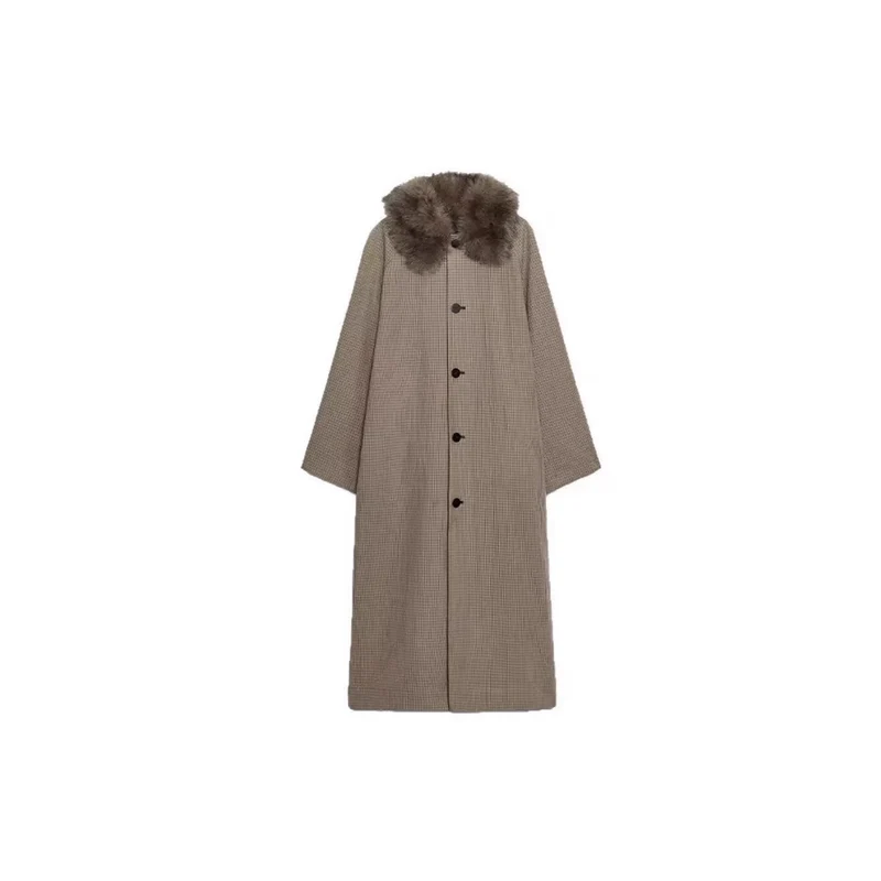 Damen langer Oversize Wollmantel mit abnehmbarem Kunstfellkragen und seitlichen Eingrifftaschen Nord Taschen