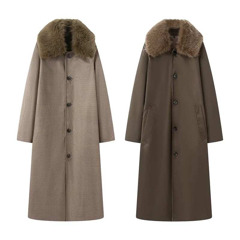 Damen langer Oversize Wollmantel mit abnehmbarem Kunstfellkragen und seitlichen Eingrifftaschen Nord Taschen