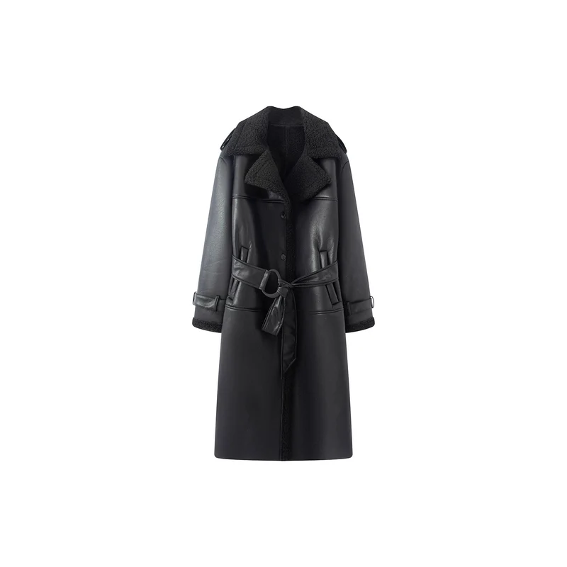 Damen langer Kunstleder-Mantel mit Teddy-Futter und Taillengürtel Nord Taschen