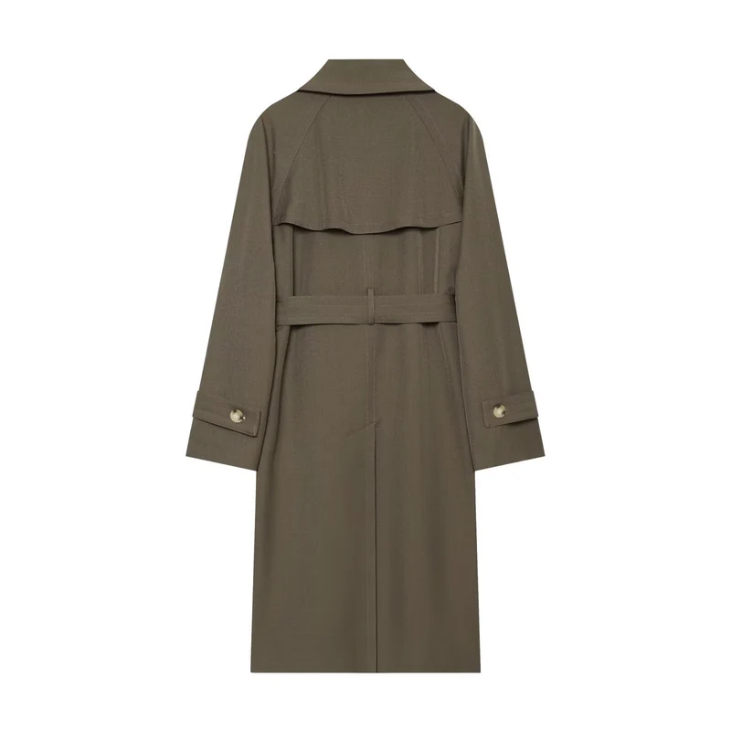 Damen Langer Doppelreihiger Trenchcoat mit Taillengürtel und Raglanärmeln Nord Taschen