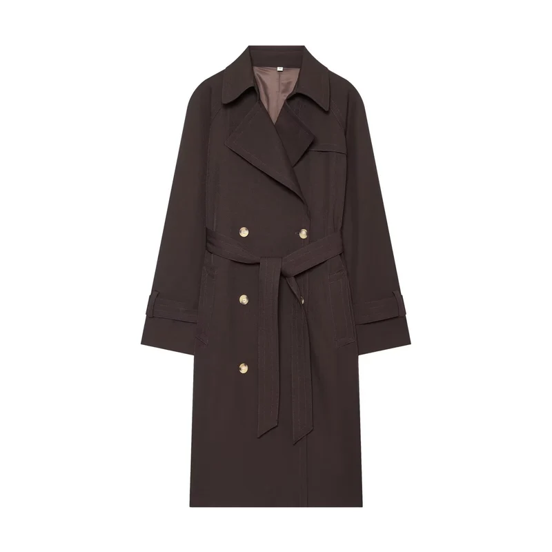 Damen Langer Doppelreihiger Trenchcoat mit Taillengürtel und Raglanärmeln Nord Taschen