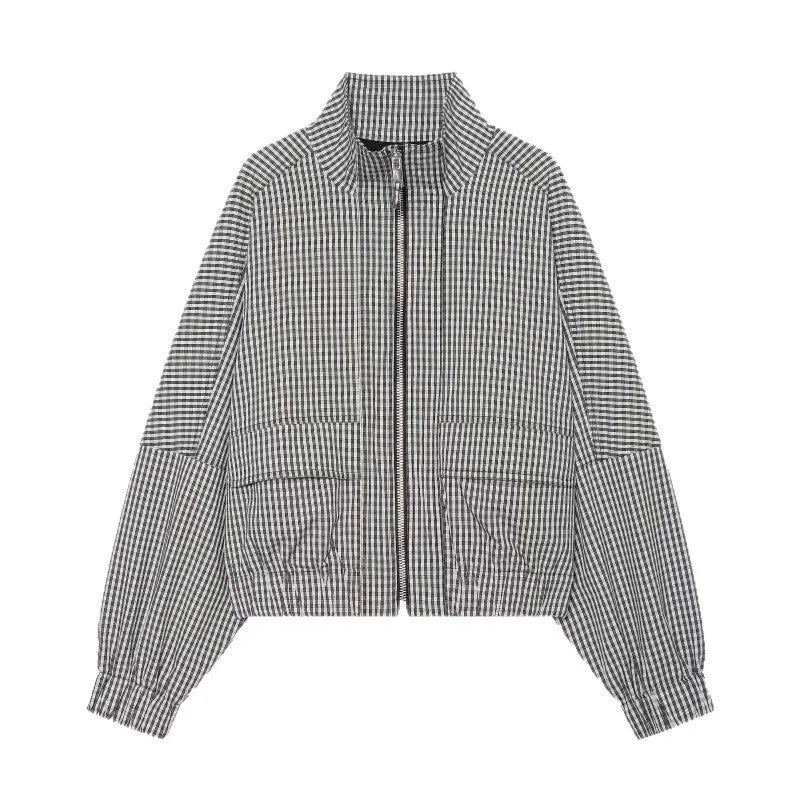 Damen Gekürzte Boxy‑Jacke im Vichy‑Karo mit Stehkragen und Zweiwege‑Reißverschluss Nord Taschen