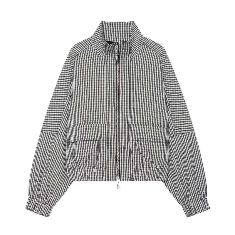 Damen Gekürzte Boxy‑Jacke im Vichy‑Karo mit Stehkragen und Zweiwege‑Reißverschluss Nord Taschen