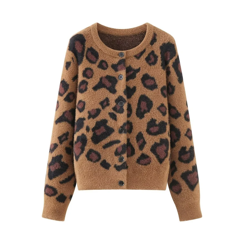 Damen Flauschige Strickjacke im Leo‑Print mit Rundhalsausschnitt und Knopfleiste Nord Taschen