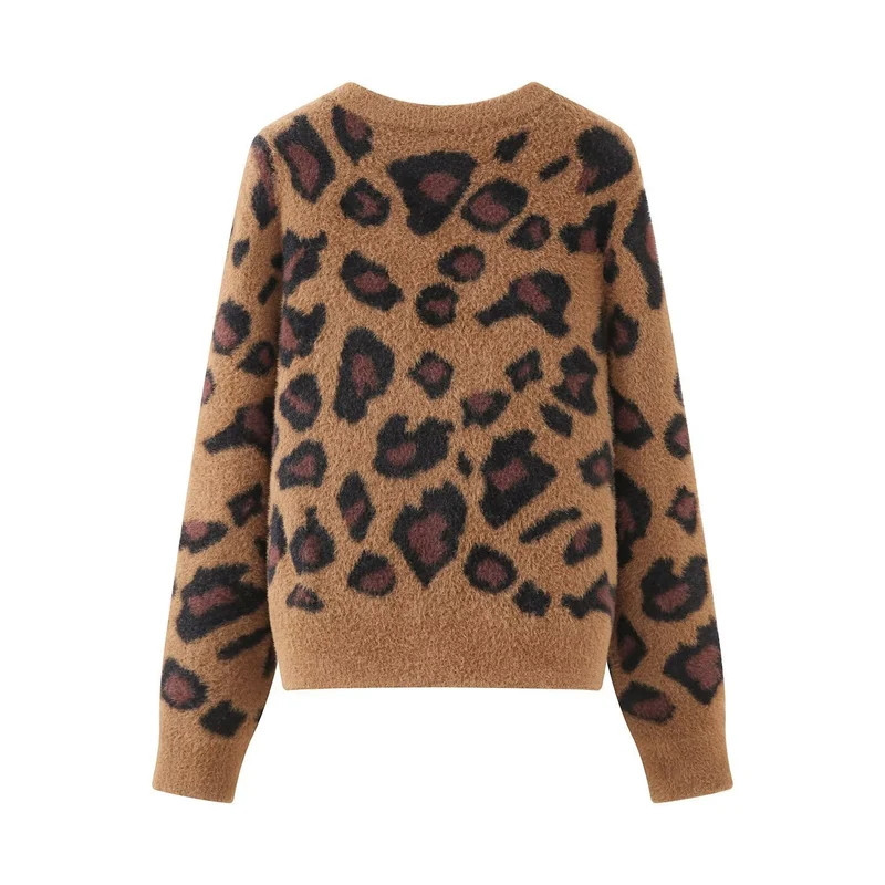 Damen Flauschige Strickjacke im Leo‑Print mit Rundhalsausschnitt und Knopfleiste Nord Taschen