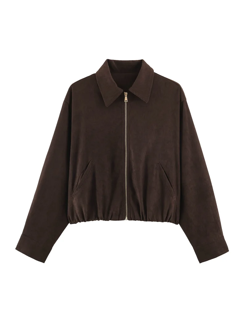 Damen Kurzblouson im Velours‑Look mit spitzem Hemdkragen und Gummizugsaum Nord Taschen