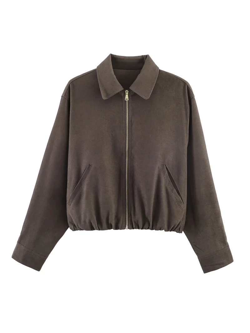 Damen Kurzblouson im Velours‑Look mit spitzem Hemdkragen und Gummizugsaum Nord Taschen