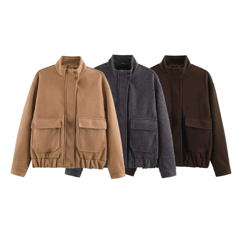 Damen Kurzblouson aus Wollmix im Utility‑Look mit Stehkragen, Klappentaschen und elastischem Saum Nord Taschen