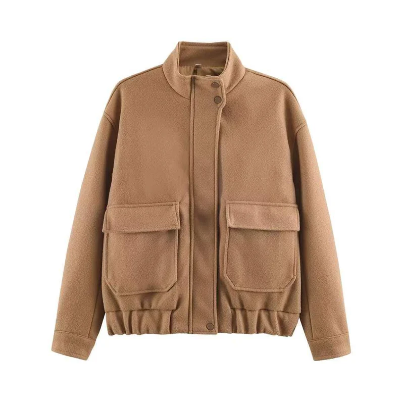 Damen Kurzblouson aus Wollmix im Utility‑Look mit Stehkragen, Klappentaschen und elastischem Saum Nord Taschen