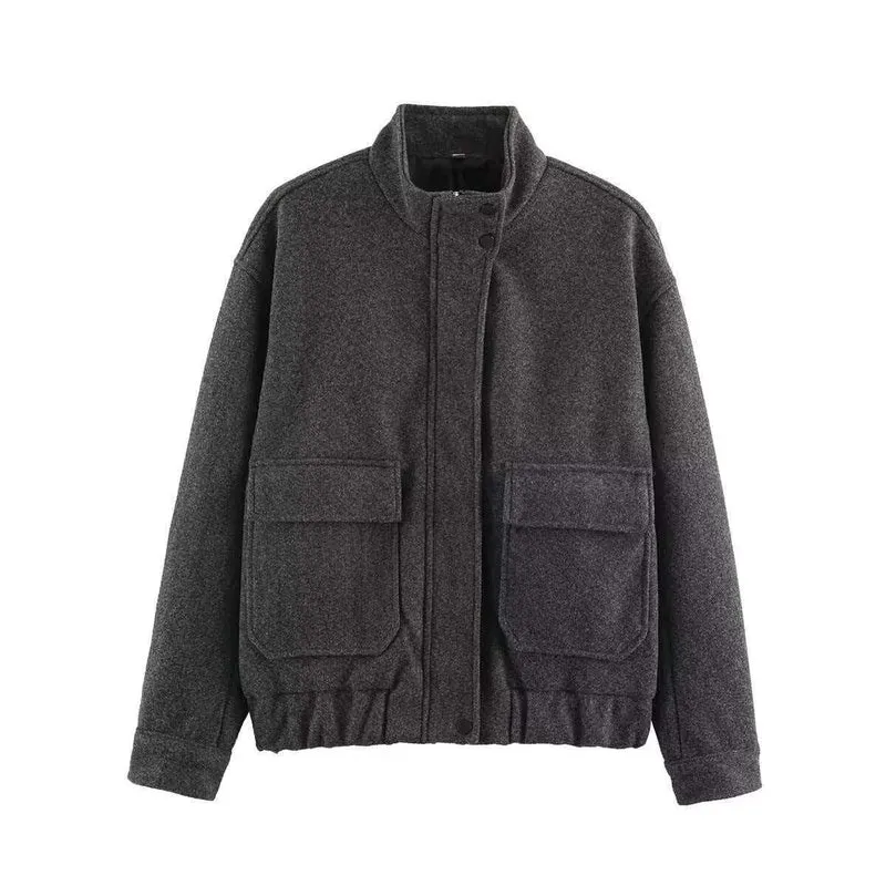Damen Kurzblouson aus Wollmix im Utility‑Look mit Stehkragen, Klappentaschen und elastischem Saum Nord Taschen