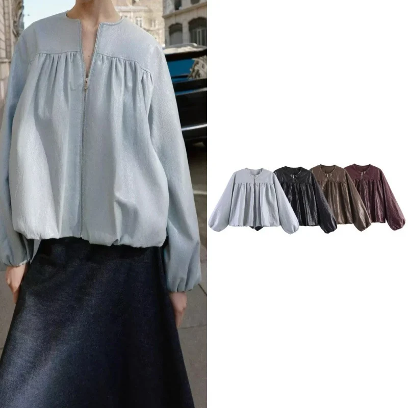 Damen Kurzblouson aus Kunstleder mit geraffter Yoke und Balloon-Ärmeln Nord Taschen