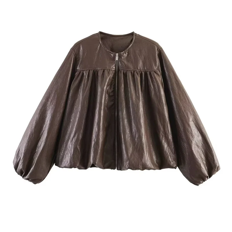 Damen Kurzblouson aus Kunstleder mit geraffter Yoke und Balloon-Ärmeln Nord Taschen