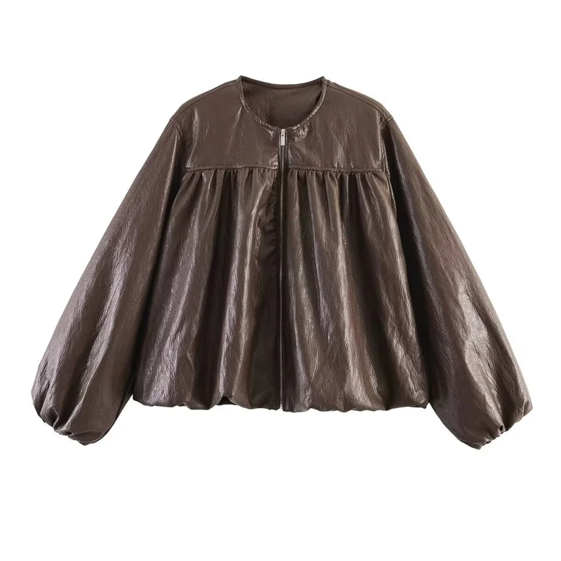Damen Kurzblouson aus Kunstleder mit geraffter Yoke und Balloon-Ärmeln Nord Taschen