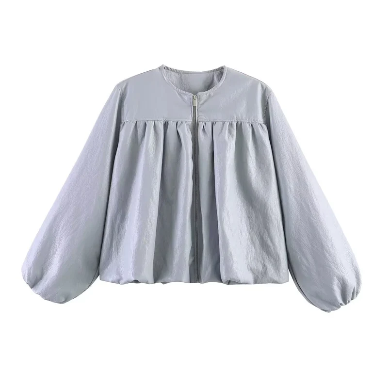 Damen Kurzblouson aus Kunstleder mit geraffter Yoke und Balloon-Ärmeln Nord Taschen