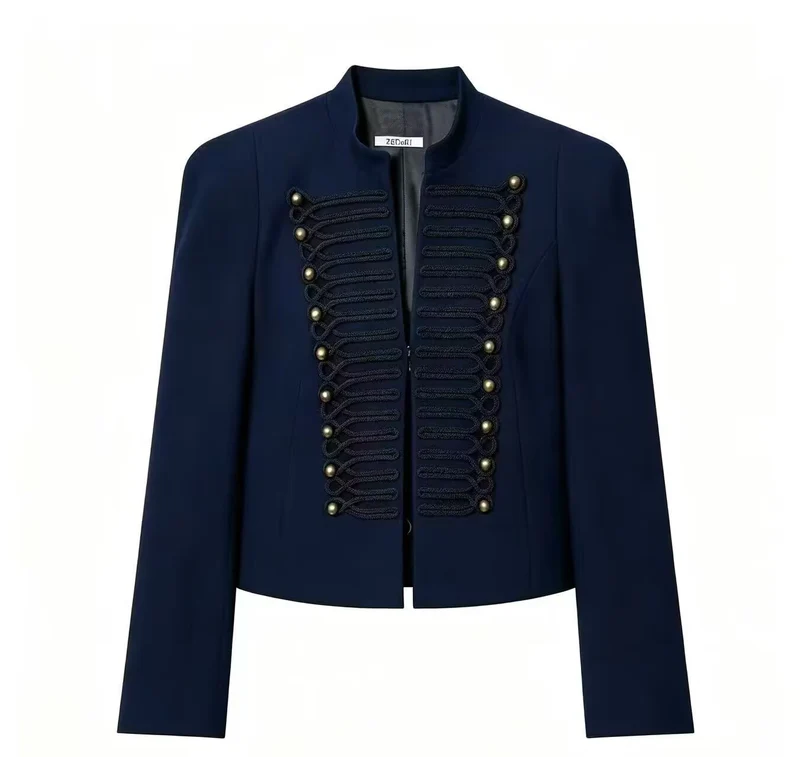 Damen Kurzblazer mit militärischer Froschverzierung und Stehkragen Nord Taschen