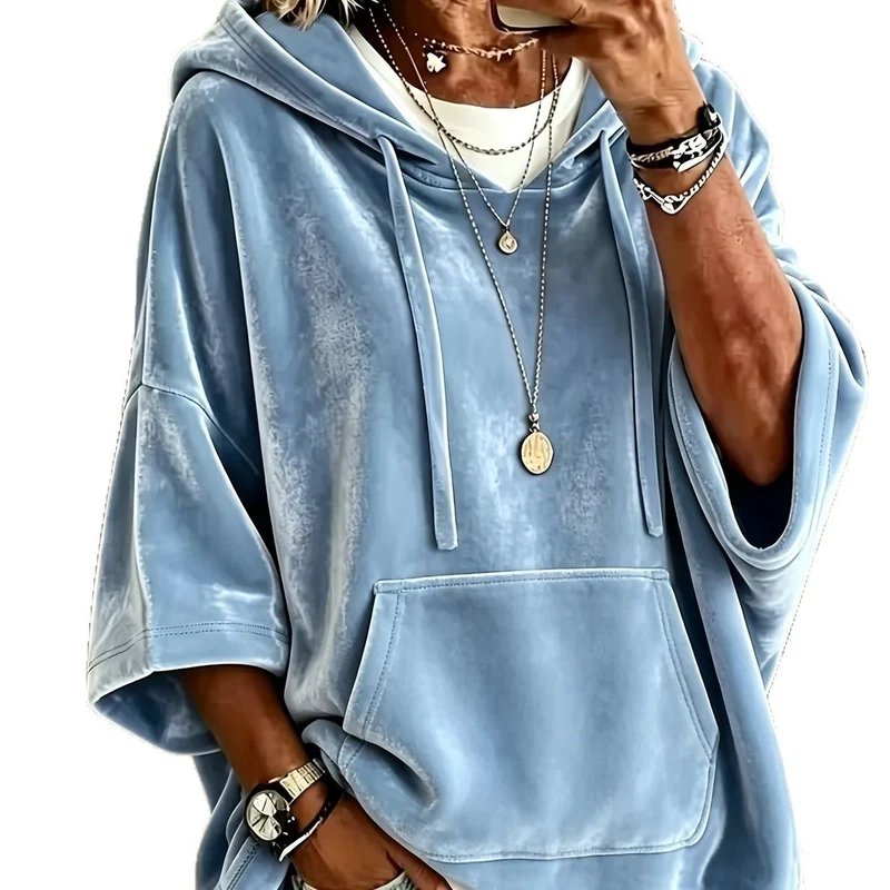 Damen Oversize Samt-Hoodie mit halbarm, Kapuze und Kängurutasche Nord Taschen