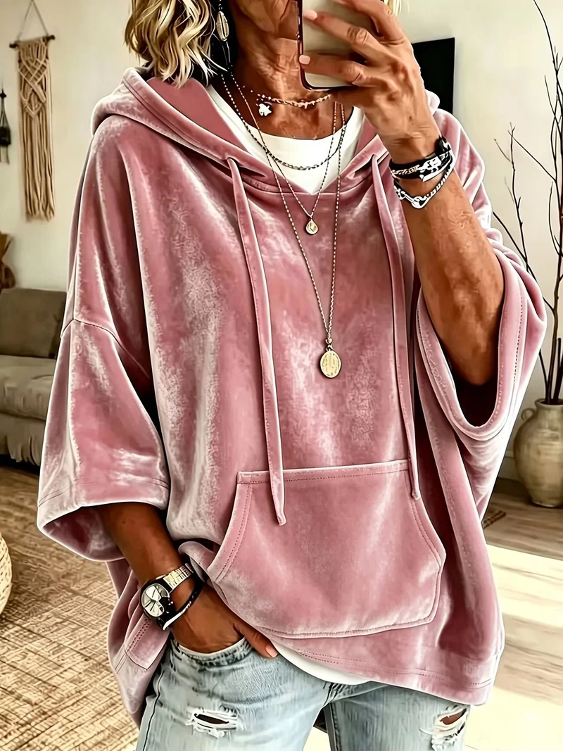 Damen Oversize Samt-Hoodie mit halbarm, Kapuze und Kängurutasche Nord Taschen