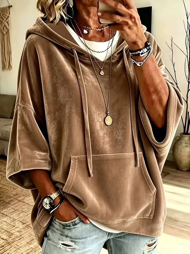 Damen Oversize Samt-Hoodie mit halbarm, Kapuze und Kängurutasche Nord Taschen