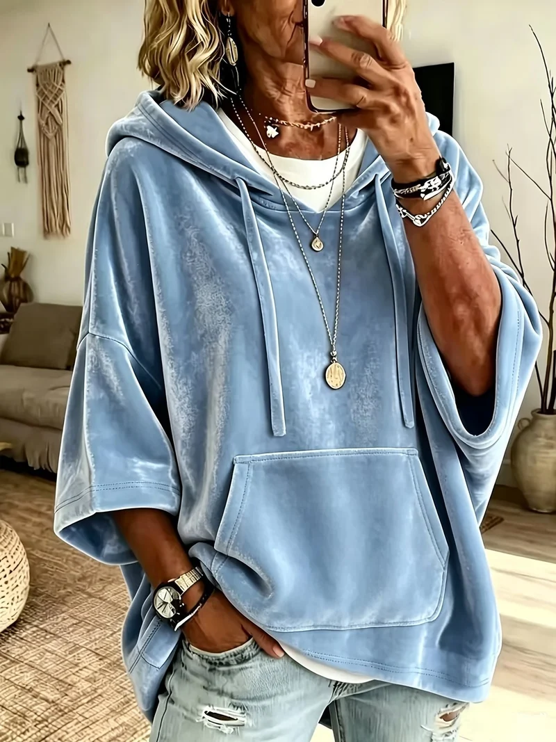 Damen Oversize Samt-Hoodie mit halbarm, Kapuze und Kängurutasche Nord Taschen