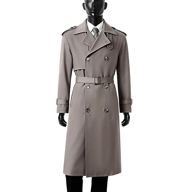 Herren Zeitloser Doppelreihiger Trenchcoat mit Taillengürtel, Schulterklappen und Manschettenriemen Nord Taschen